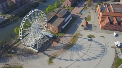 Aerial of Big Ferris Wheel in Gdansk Old Town Poland