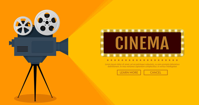 Cinema festival poster with movie camera on orange background. Vector illustration. Flat design. EPS 10.