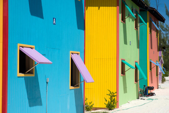 A row of colourful houses at Half Moon Cay, in the Bahamas.