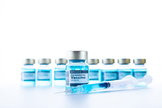 Injection bottle. Medical syringe with needle for protection flu virus and coronavirus. Covid vaccine isolated on white. Medicine plastic vaccination equipment with needle.