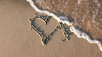 Heart Shapes Being Drawn on Sandy Beach and Wiped Out by Sea Wave at Sunset