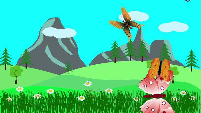 Cartoon Landscape, Spring season animation with flowers and butterfly