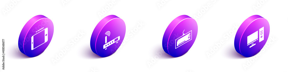 Poster set isometric graphic tablet, router and wi-fi signal, keyboard and computer monitor icon. vector.