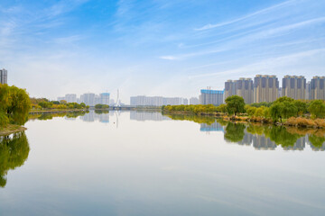 Fototapeta na wymiar Bridges and urban skyline in Taiyuan, Shanxi, China