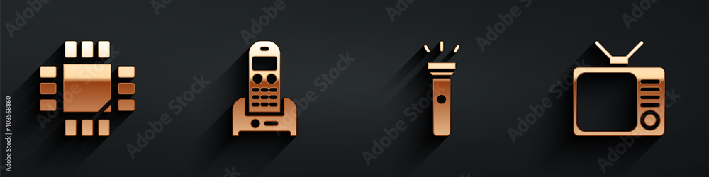 Poster set processor with microcircuits cpu, telephone, flashlight and retro tv icon with long shadow. vect
