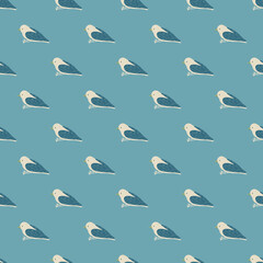Abstract seamless flying animal pattern with doodle bird silhouettes. Blue palette artwork.