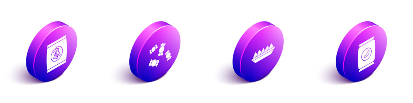 Set Isometric Hard bread chucks crackers, Candy, Nachos in plate and Bag or packet potato chips icon. Vector.