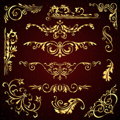 Floral set of golden ornate page decor elements like banners, frames, dividers, ornaments and patterns on dark background. Gold calligraphic swirls