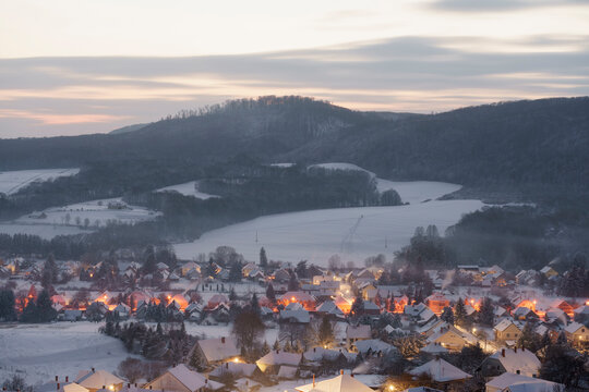 Winter in Bakonybel, a small touristic town located in the Bakony mountain range in Hungary (2021 January)
