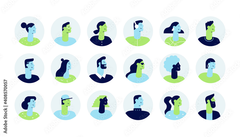 Wall mural Set of profile portraits cartoon characters. Collection of modern people avatars. Colourful user pic in Circle icons. Vector illustration in flat design style, isolated on white