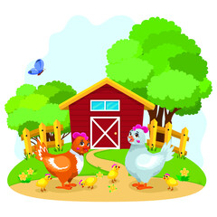 Farm animals. Happy cartoon chicken