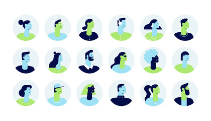 Set of profile portraits cartoon characters. Collection of modern people avatars. Colourful user pic in Circle icons. Vector illustration in flat design style, isolated on white
