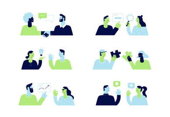 Vector cartoon characters for web and mobile apps. Social and business concept. Interaction between people. Solution problems, new ideas, handshake. Flat design, modern style, isolated on white 