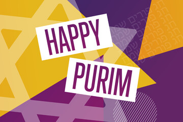 Happy Purim. Inscription happy purim holiday in Hebrew. Holiday concept. Template for background, banner, card, poster with text inscription. Vector EPS10 illustration.
