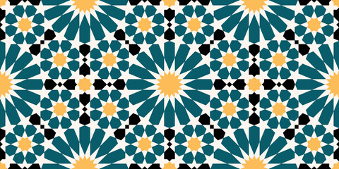 Geometric Islamic Seamless Pattern for decoration greeting card or interior based on a tenfold traditional rosette. Vector Illustration.