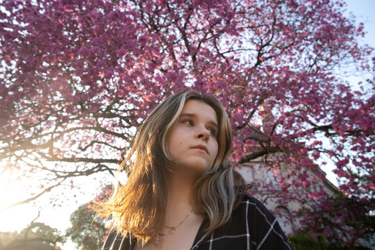 Portrait of a girl on the background of a pink flowering tree