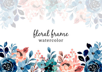 Blue pink floral frame with watercolor. Floral background