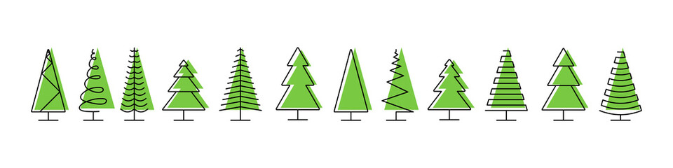 Obraz premium Trees pines vector icons. Trees icons in a row, isolated. Panorama view. Christmas tree in line flat design. Vector illustration