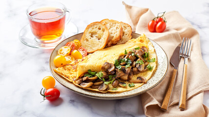 Omelet with champignons and parsley in plate on marble background. Frittata - italian omelet for breakfast or lunch.