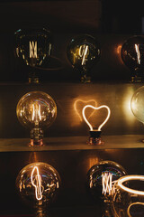 Different designs of vintage light bulbs. Interior decoration concept.