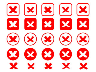 Red cross set of icon.Tick X symbol . Voting Logo. Negative Sign.Cross in a circle and in a square.Vector illustration.