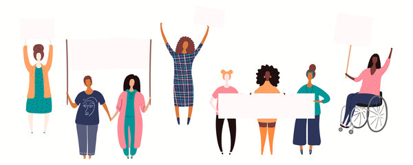 Diverse women group, woman in a wheelchair on a protest, holding different placards, banners with copy space. Hand drawn vector illustration, isolated on white. Flat style design. Concept for feminism