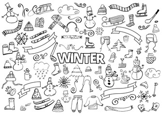 Winter doodles collection. Design elements. Snowman, Snowflakes, Skies, scarf, hot drinks, Coffee, Late