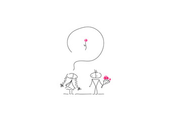 The guy gives the girl a bouquet of pink flowers. The girl is waiting for at least one flower. Characters are created in a linear style with a black line. Combined with brightly colored elements