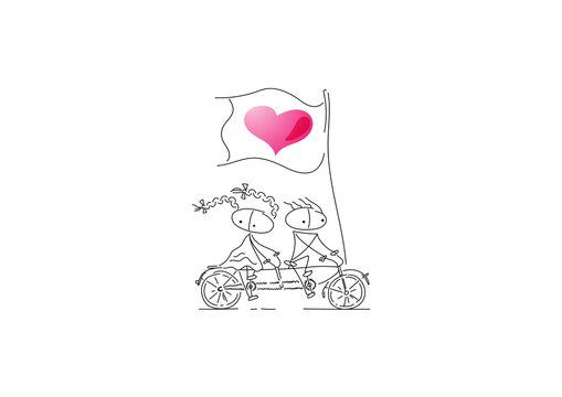 A guy and a girl on a tandem bike ride to meet their love and adventure. Flag with the image of heart. Characters are created in linear style with black line. Combined with brightly colored elements