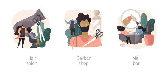 Beauty salon abstract concept vector illustration set. Hair salon, barbershop, nail bar, Haircut service, beard shaving, nail polish, french manicure, hairstylist chair and scissors abstract metaphor.