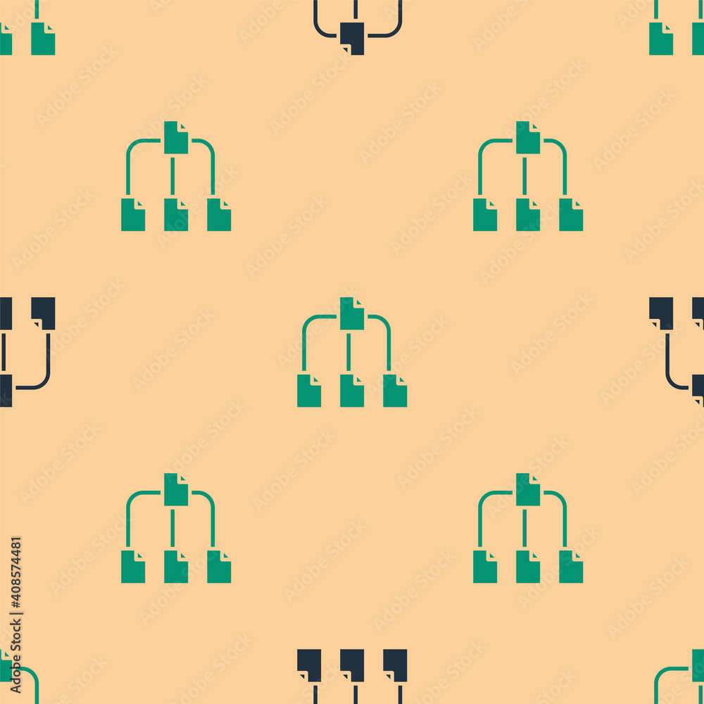 Aufkleber green and black folder tree icon isolated seamless pattern on beige background. computer network fil
