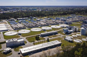 Aerial view of sewage treatment plant Czajka in Warsaw city, Poland