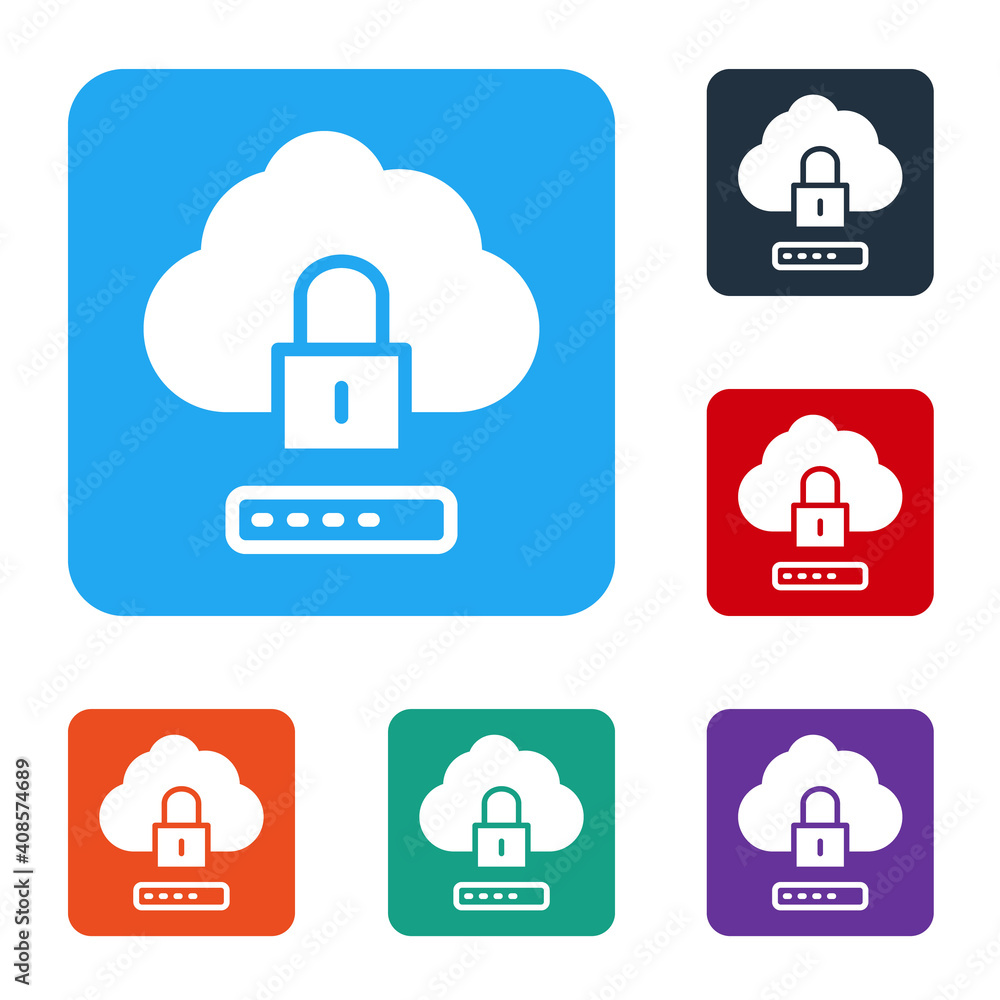 Poster White Cloud computing lock icon isolated on white background. Security, safety, protection concept. Protection of personal data. Set icons in color square buttons. Vector.