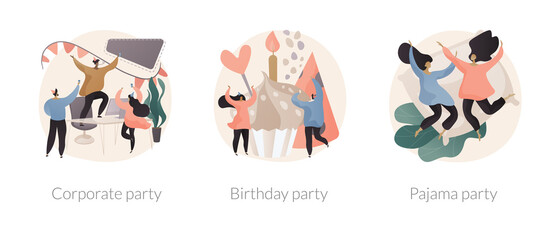 Celebration event abstract concept vector illustration set. Corporate and Birthday party, pajama night, friends sleepover, greeting card, kids having fun, team building, decoration abstract metaphor.