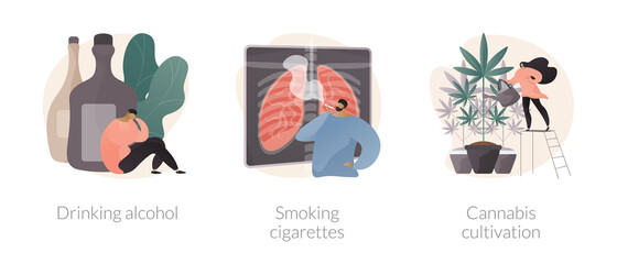 Unhealthy habits abstract concept vector illustration set. Drinking alcohol, smoking cigarettes, cannabis cultivation, addiction rehabilitation, health risk, medical marijuana abstract metaphor.