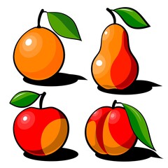 Obraz premium Apple, peach, pear and orange on a white background. Illustration of fruits with leaves. 