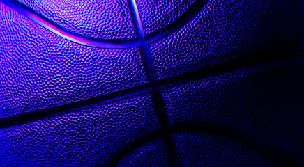 Closeup detail of basketball ball texture background. Blue neon and hologram banner Art. Team sport concept