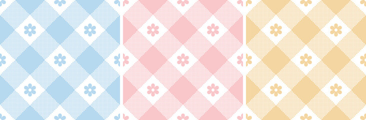 Gingham pattern set in blue, pink, orange yellow. Seamless floral vichy checked plaid backgrounds for gift wrapping, dress, skirt, digital paper, or other modern holiday textile or paper design.