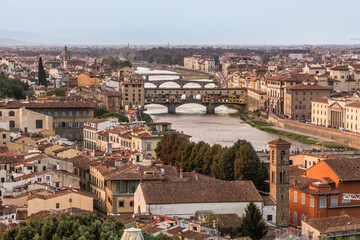 Fototapeta na wymiar Aerial view of Florence, Italy. Ponte Vecchio (Old Bridge) and other bridges over the Arno River.
