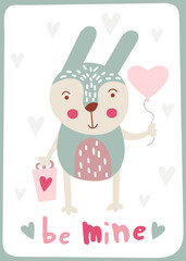 Obraz na płótnie Canvas Happy Valentine’s day greeting card – cute hare with balloon and gift box. Lettering Be mine. Vector illustration for celebration.