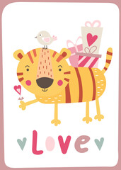 Happy Valentine’s day greeting card – cute tiger presents. Lettering Love. Vector illustration for celebration.
