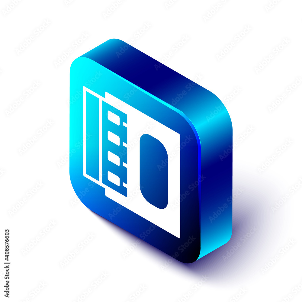 Poster isometric open matchbox and matches icon isolated on white background. blue square button. vector.