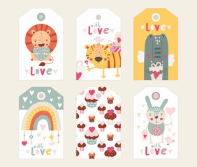 Valentines day gift tags with love quotes, romantic elements and cute woodland animals. Vector illustration. Hang tag is great for packaging gifts.