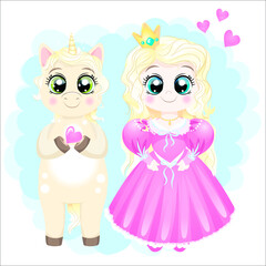 Unicorn and Princess in pink dress 