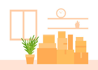 Paper cardboard boxes with household thing indoor for moving to new house. Relocated to new home. Move, delivery packages for transportation. Vector illustration