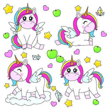 set of funny cartoon unicorns
