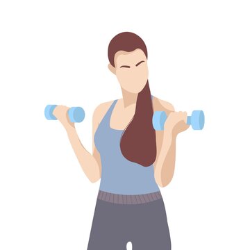 Vector illustration of a cataraya girl doing fitness. A brown-haired girl with long hair holds dumbbells in her hands. Sports figure. 