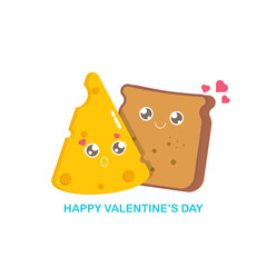 vector funny cartoon cute sliced bread character with cheese character isolated on white background. Conceptual valentines day comic funky kids poster or banner with funky food