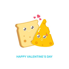 vector funny cartoon cute sliced bread character with cheese character isolated on white background. Conceptual valentines day comic funky kids poster or banner with funky food
