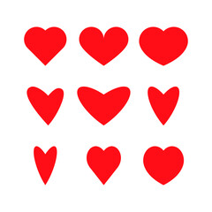 Flat Heart Vectors. Set of red heart icons Isolated on White Background.